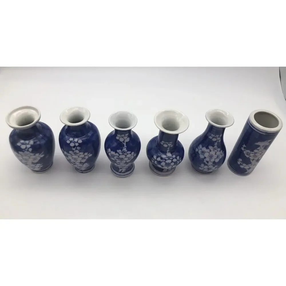 Chinese Miniature Vases Blue & White Plum Blossom Motif 4”tall 6-pieces